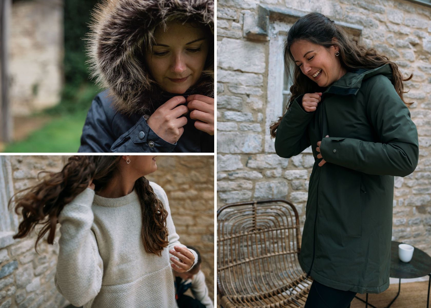 A collage of a women wearing different outdoor kit