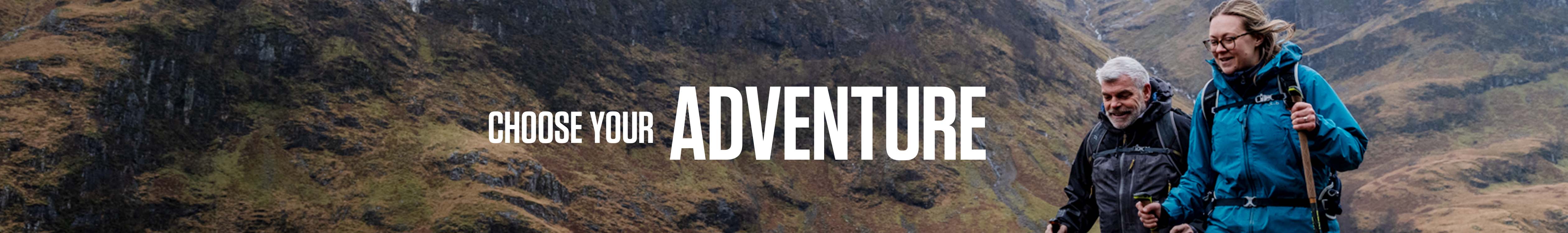 Choose your adventure message on an image of two people are walking with trekking poles.