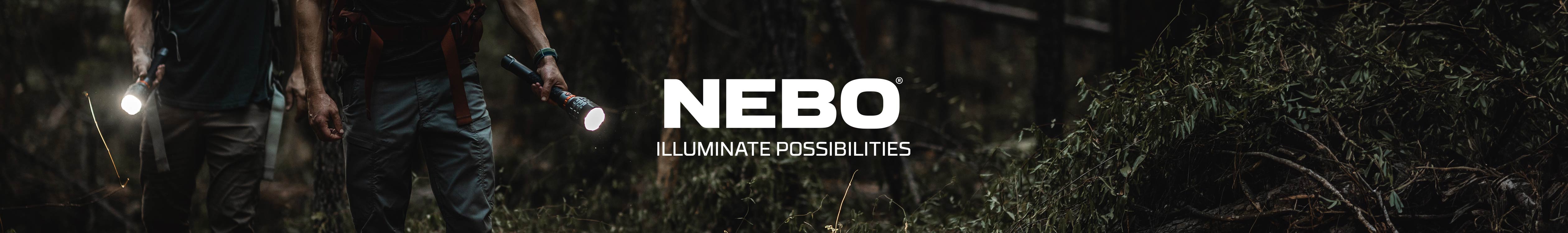 nebo logo centred with an image of people in the dark using torches