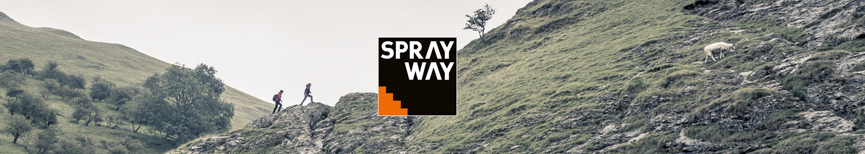 Two people hiking with Sprayway Logo in the centre of the image.