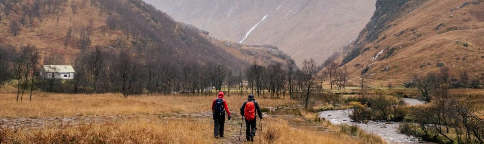 Hikers walking through a valley in Scotland