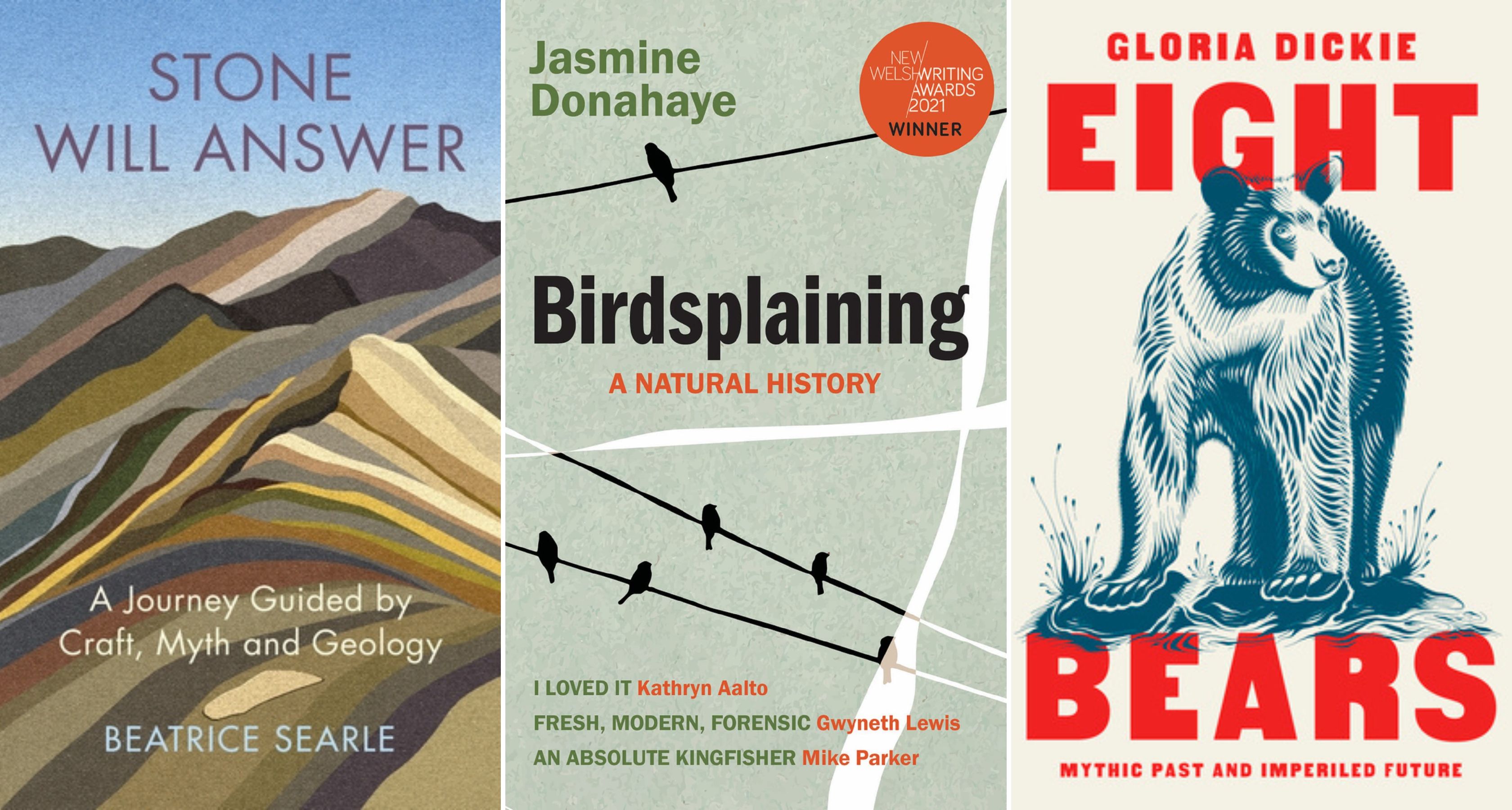 A collage of 3 nature books: stone will answer, birdsplaining, eight bears