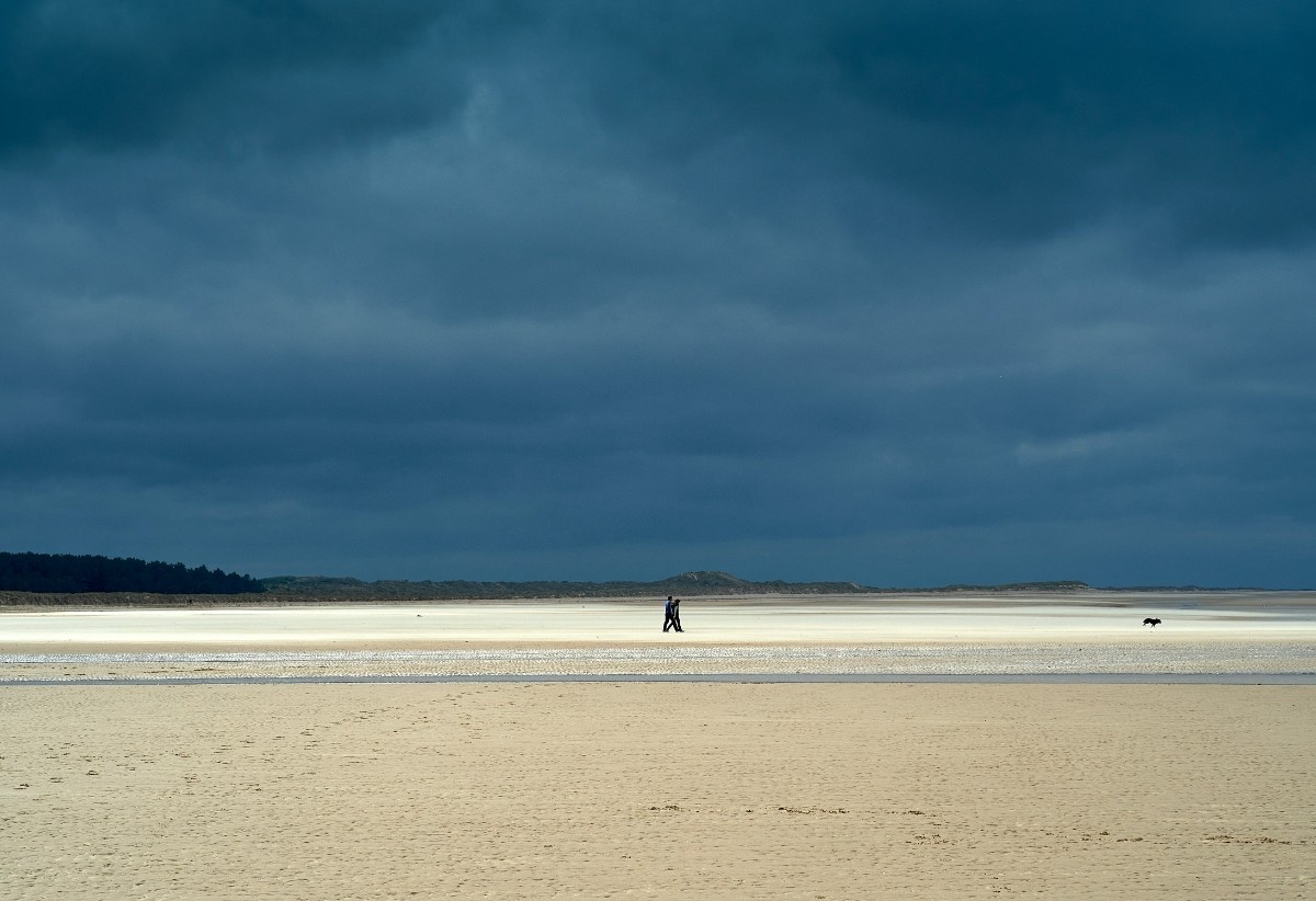 A couple walking their dog on Holkham beach