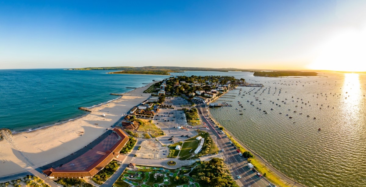 An aerial view of Sandbanks Beach in Dorset