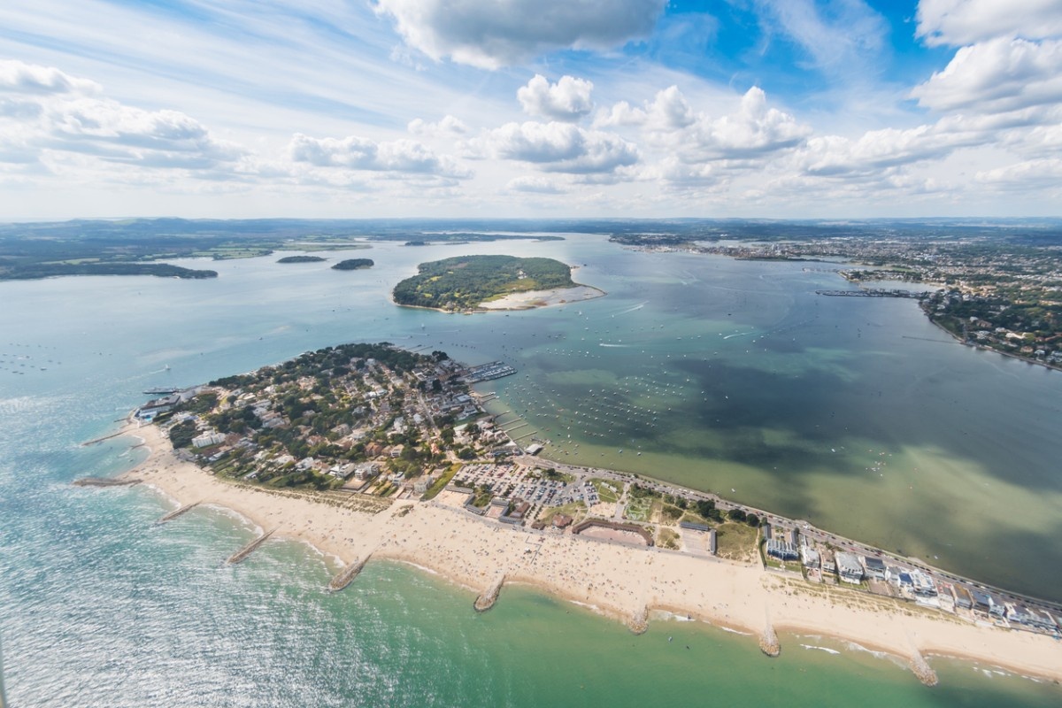 An aerial view of Sandbanks Beach in Dorset