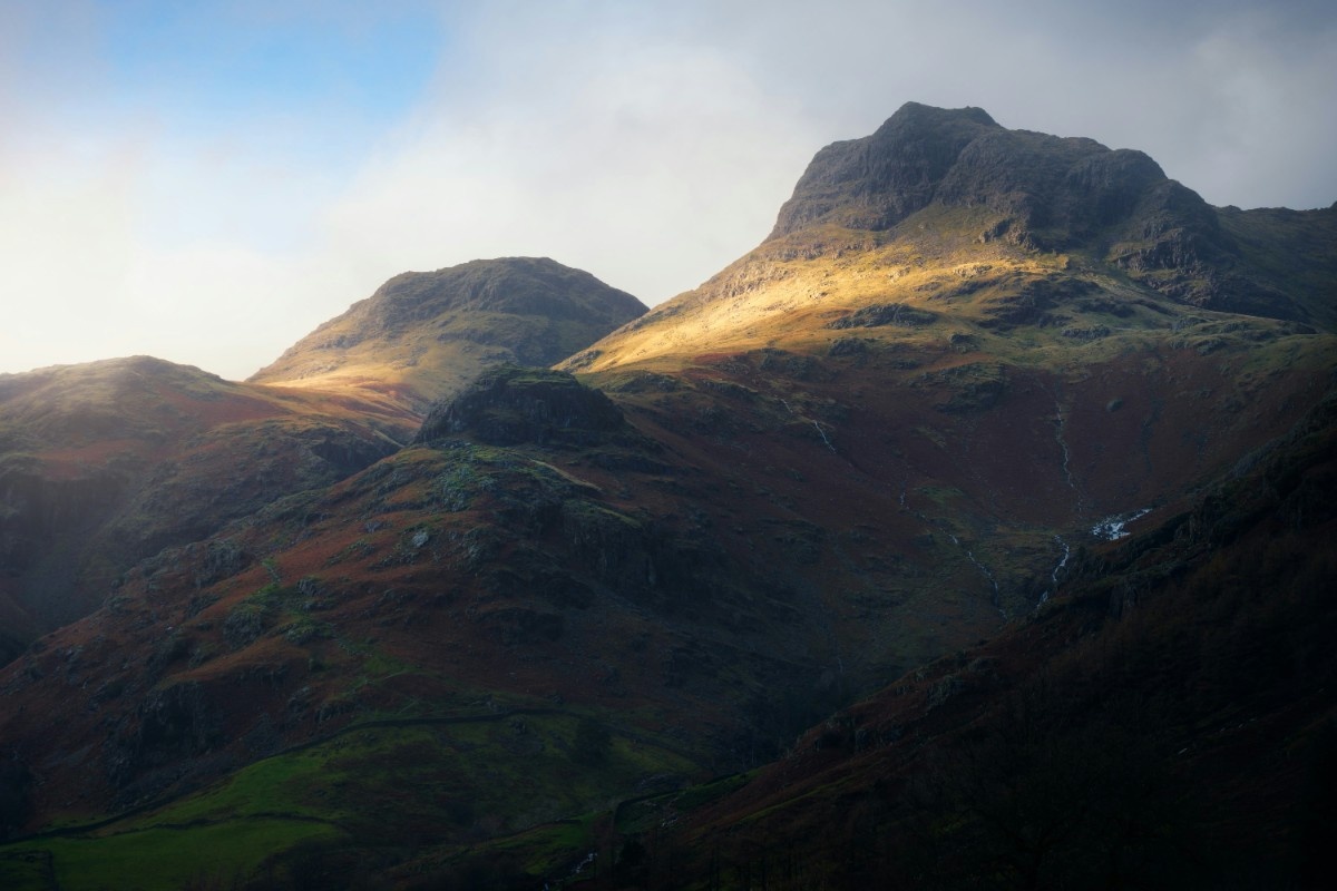 The sun rising over Great Langdale