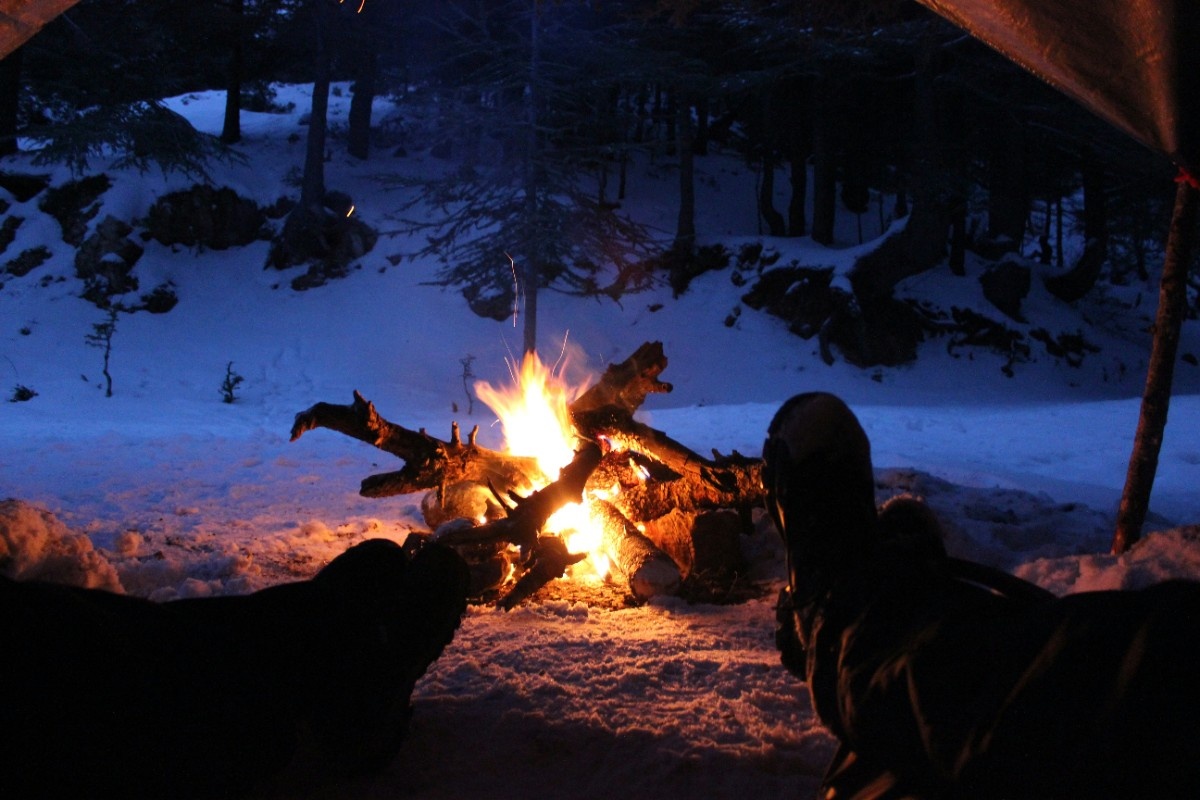 A campfire in the snow