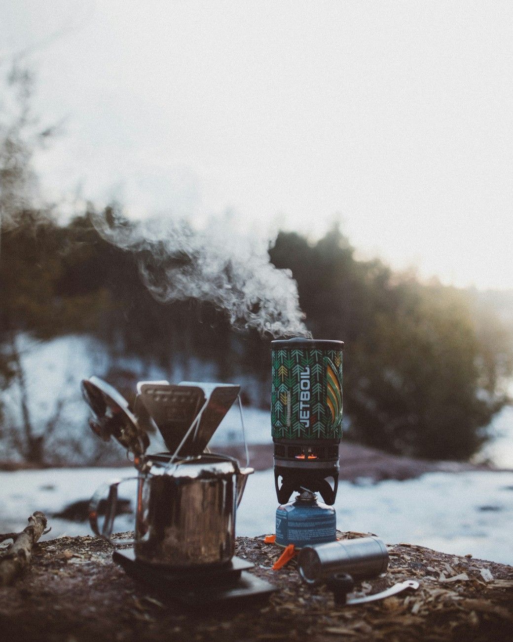 A camp stove on a winter camping trip 