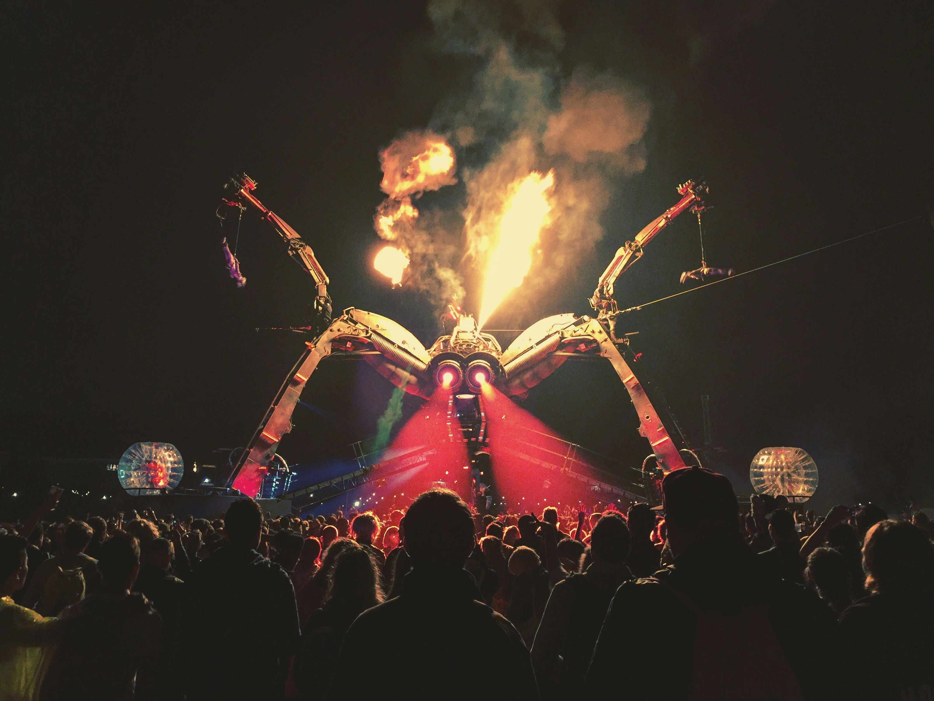 An image of the iconic Arcadia Stage at Glastonbury festival at night