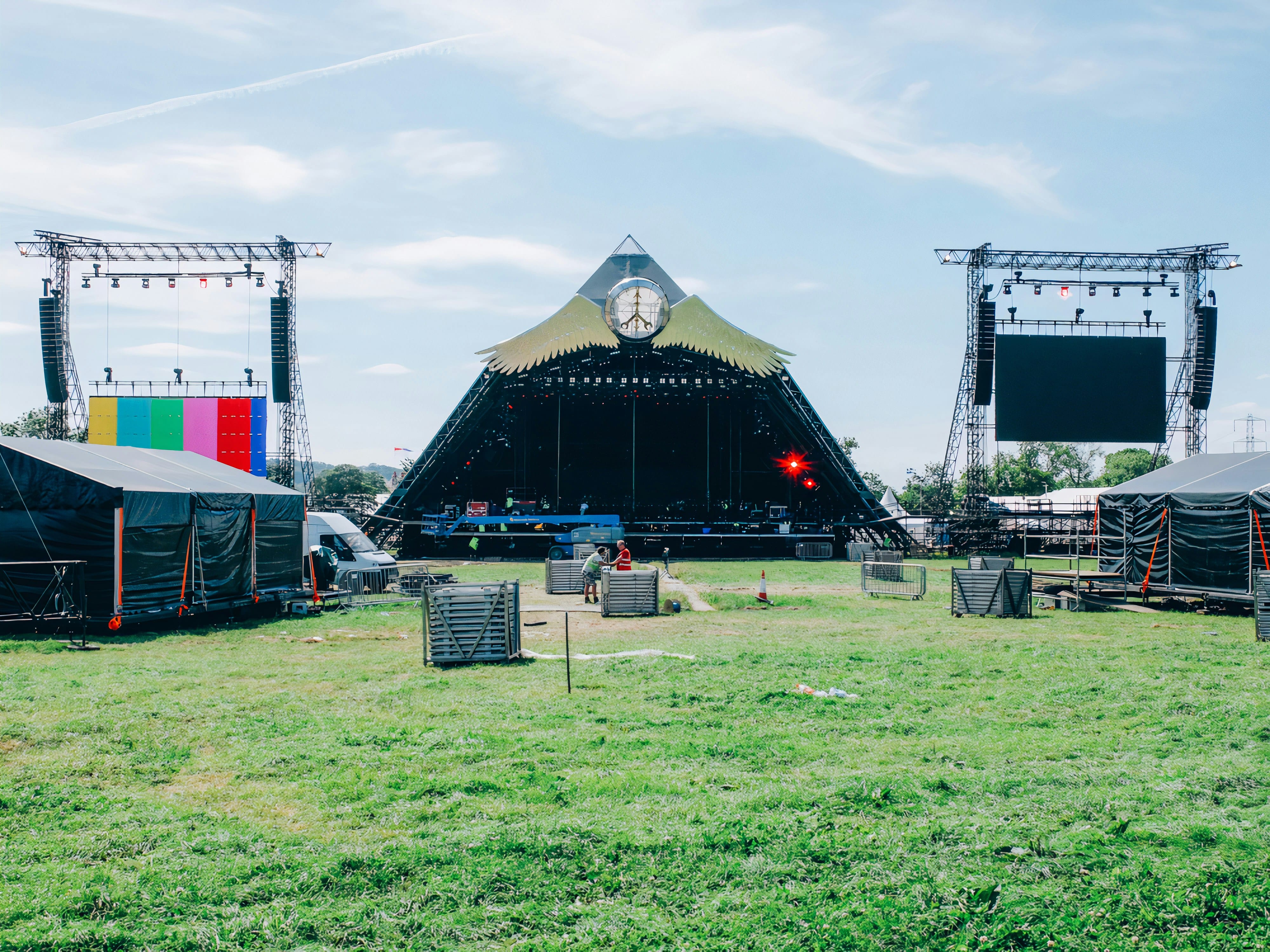 An image of the iconic Pyramid Stage at Glastonbury festival during the day before the festival goers have arrived