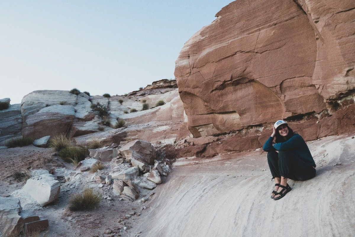 A woman wearing her hiking sandals