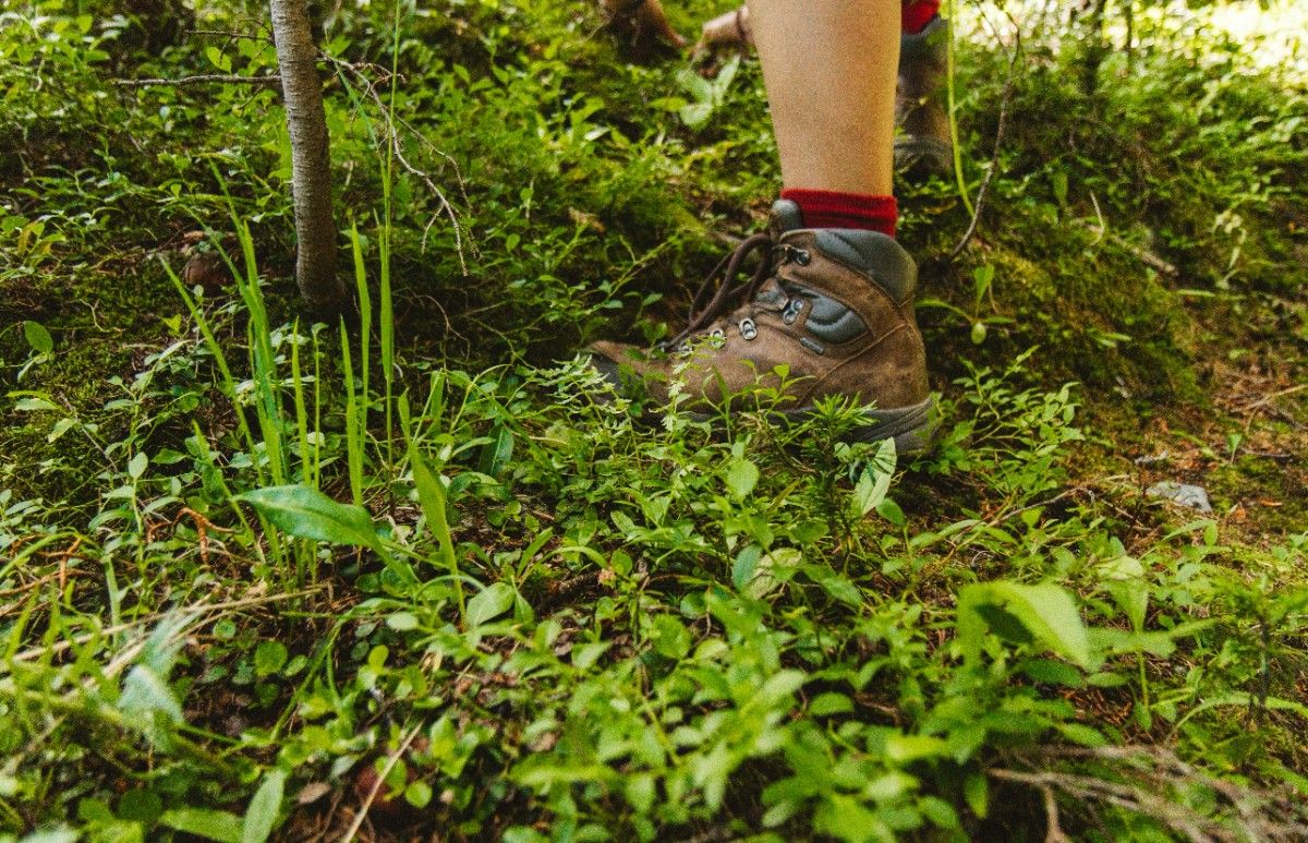 A person with their hiking socks over their walking boots