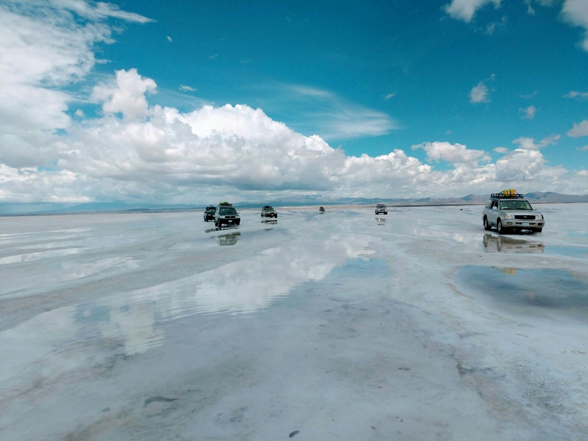 Trucks on the Salar de Uyuni salt flats