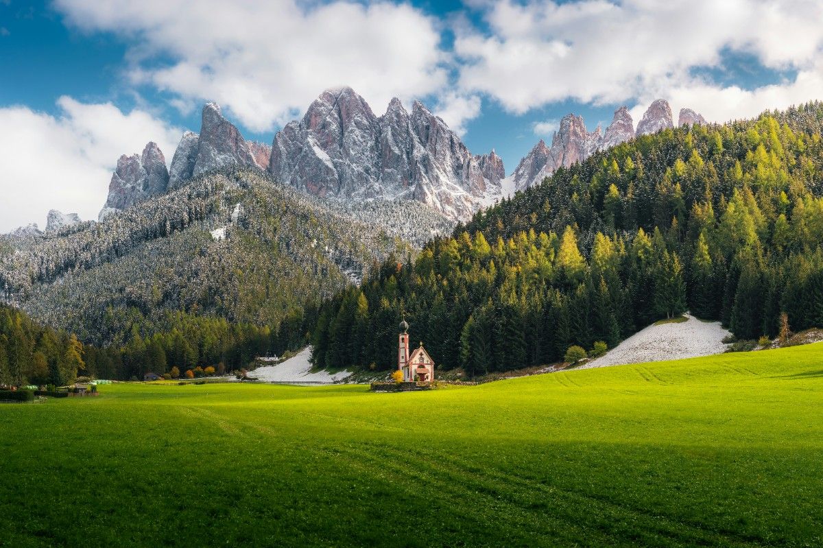 The trees and fields surrounding The Dolomites