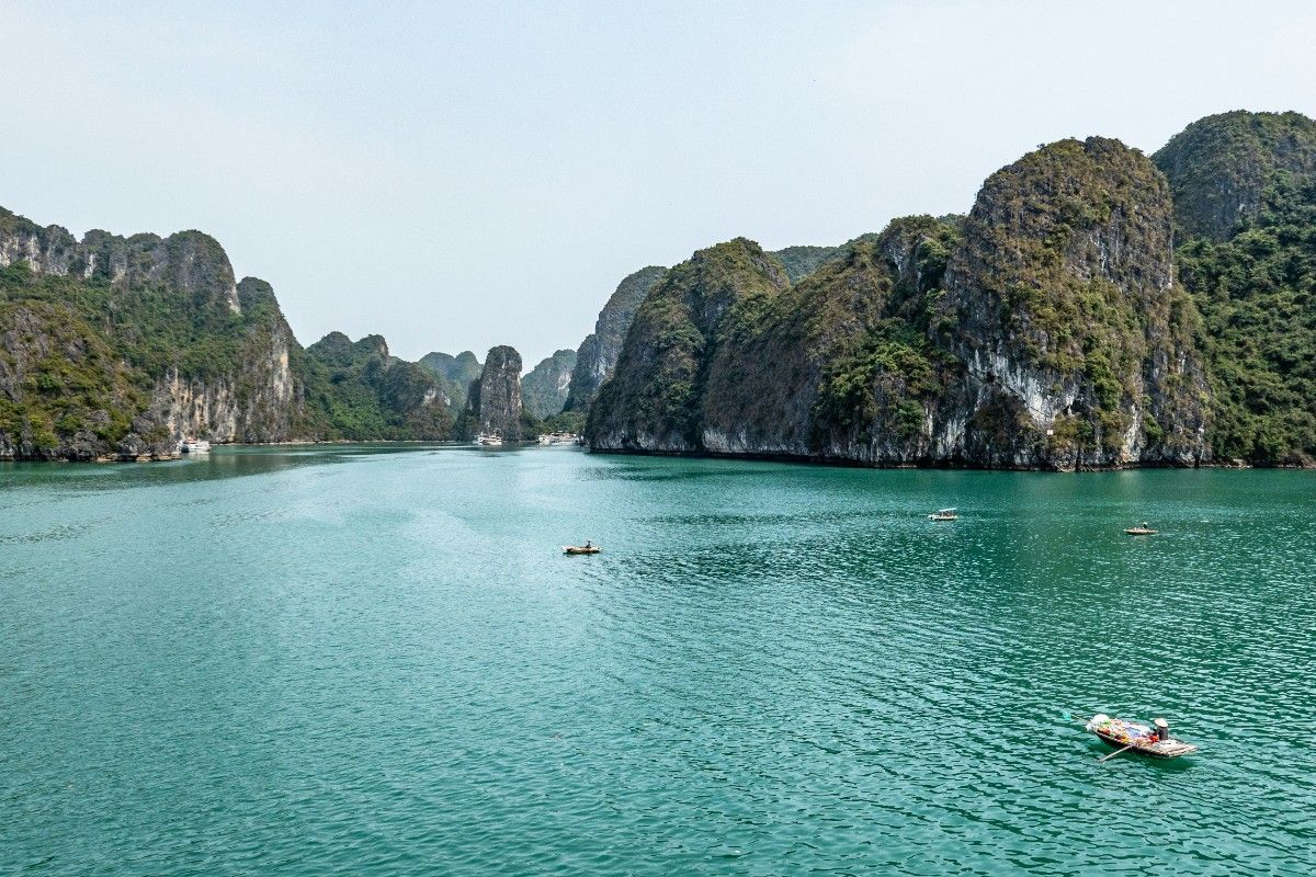 Boats floating through Ha Long Bay, Vietnam