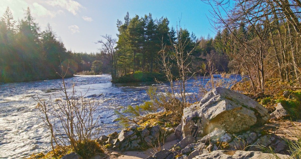 Rocky scenery and trees along the River Spey on the Speyside Way