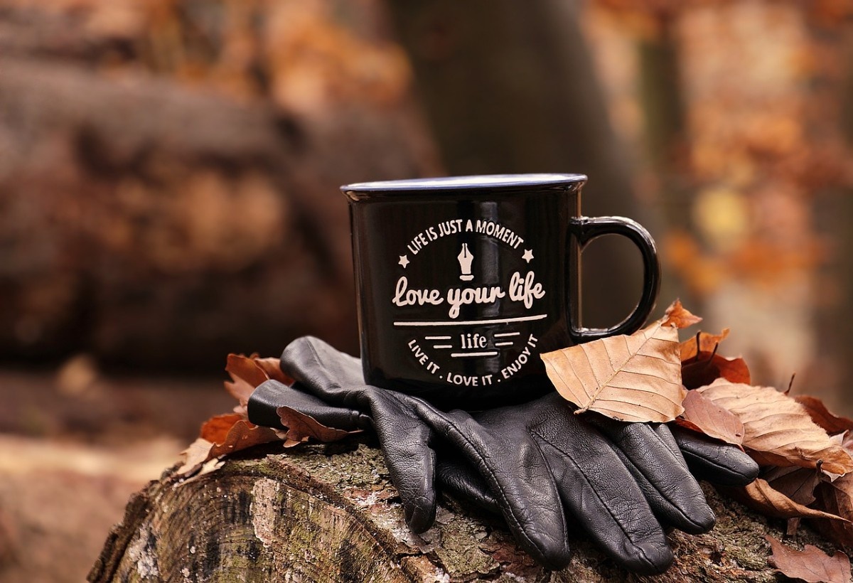 A pair of leather gloves under a camping mug 