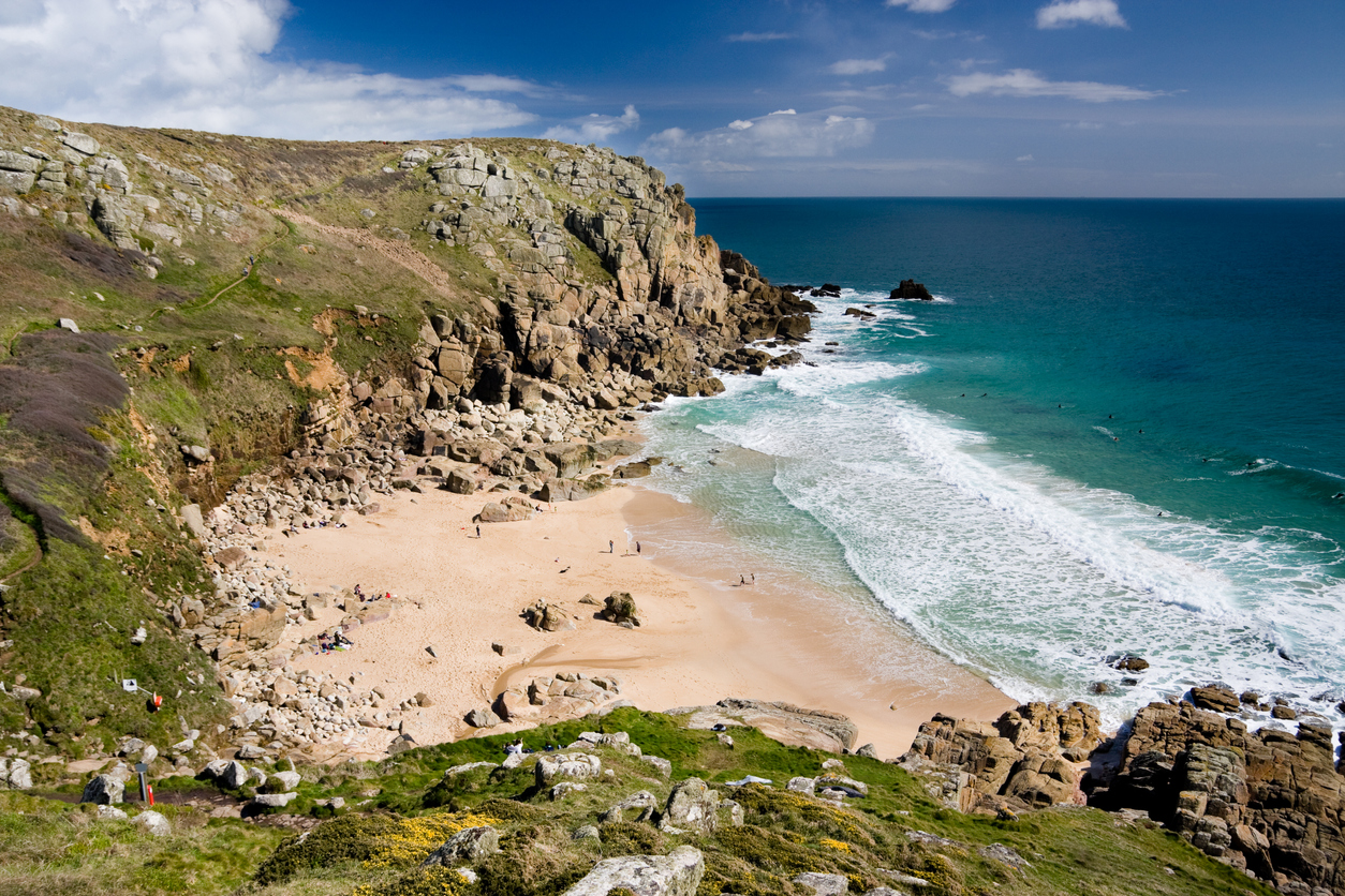 "Porth Chapel, a hidden cove not far from Porthcurno, Cornwall, southwest England."