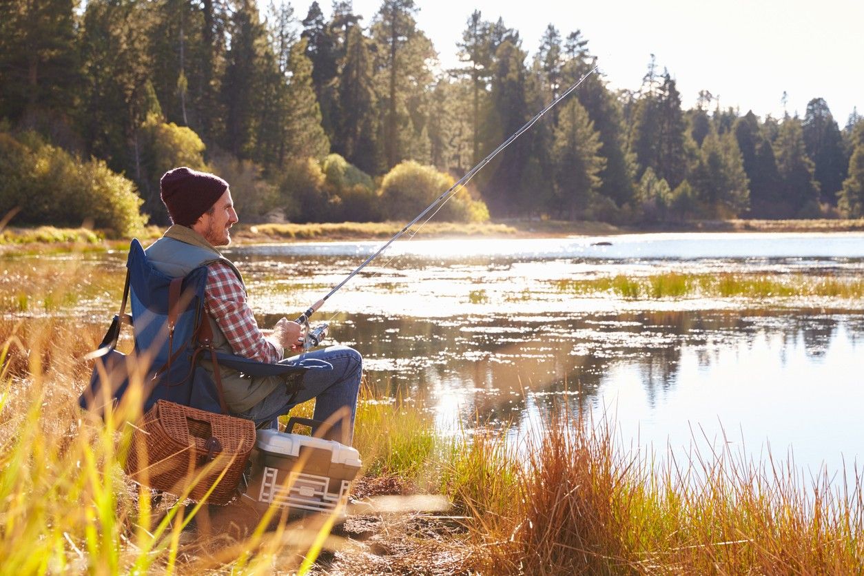 Man relaxing and fishing by lakeside