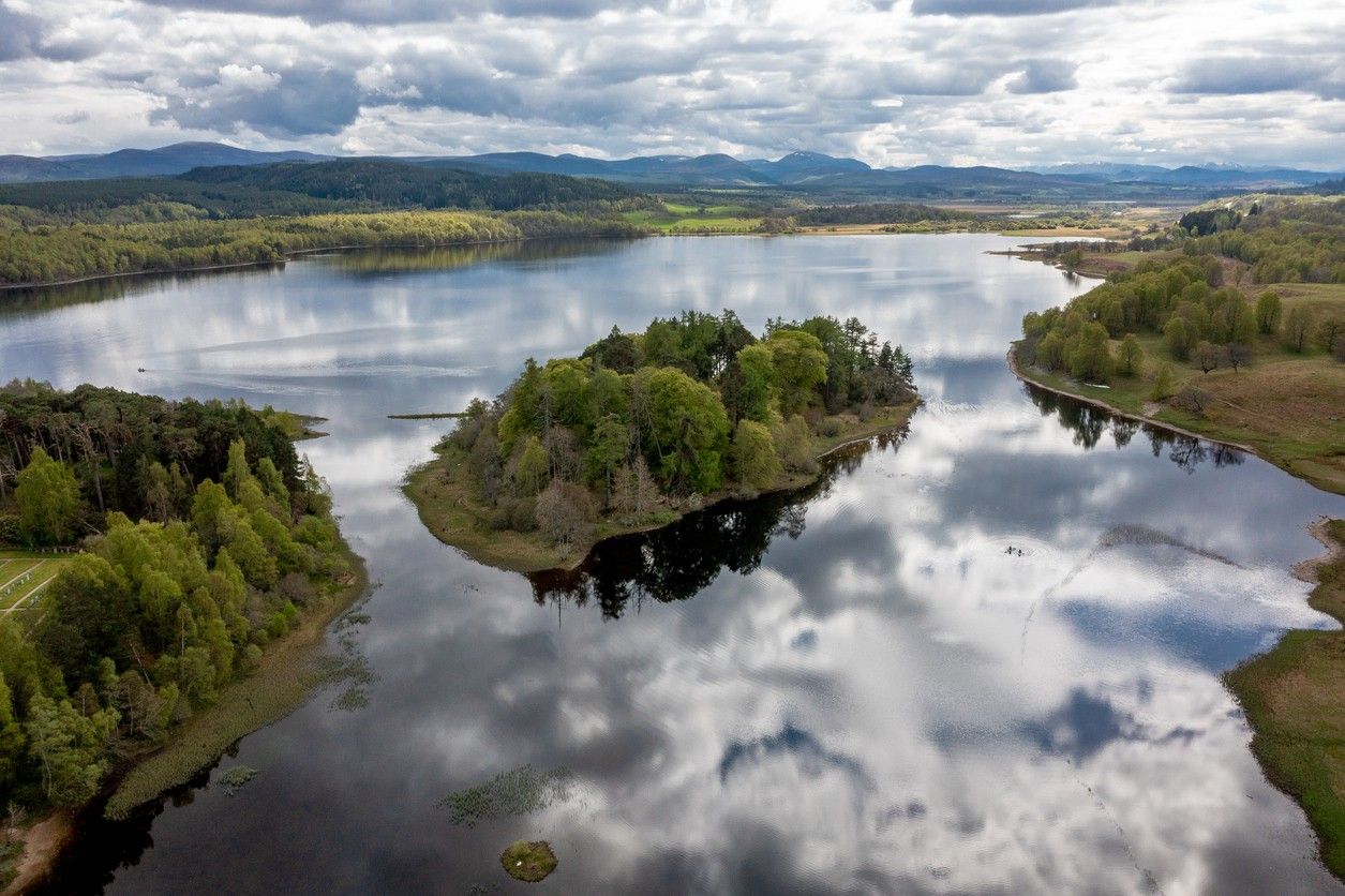 Aerial view of Loch Insh in the Scottish Highlands